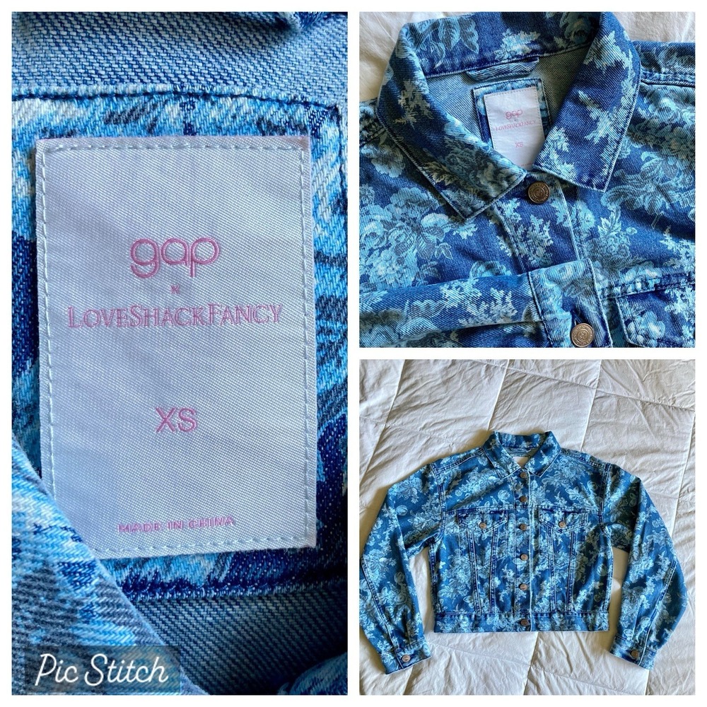 Gap x LoveShackFancy Floral Icon Denim Crop Jacket Womens XS Blue Soft Girl Rose